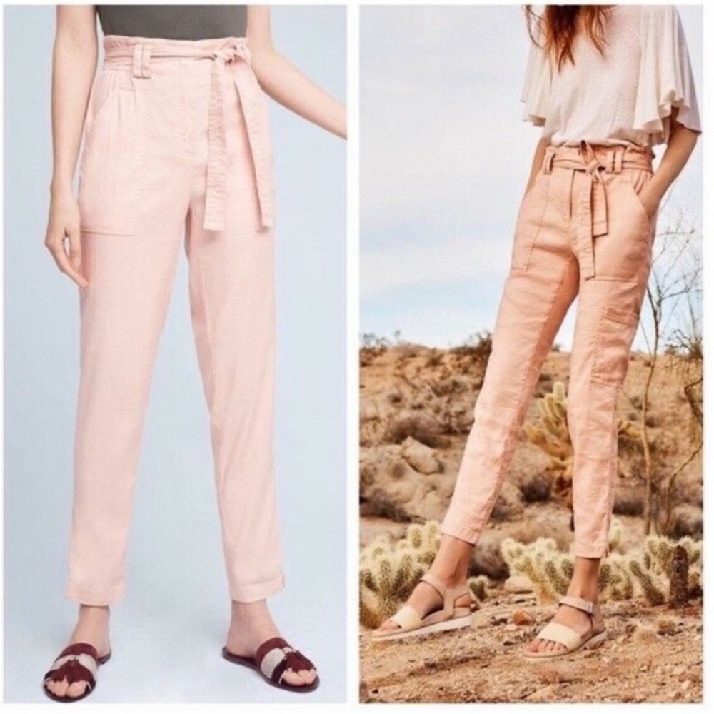 Anthropologie Elevenses Paper Bag Pants Pink Belted Blue Women’s Sz Medium